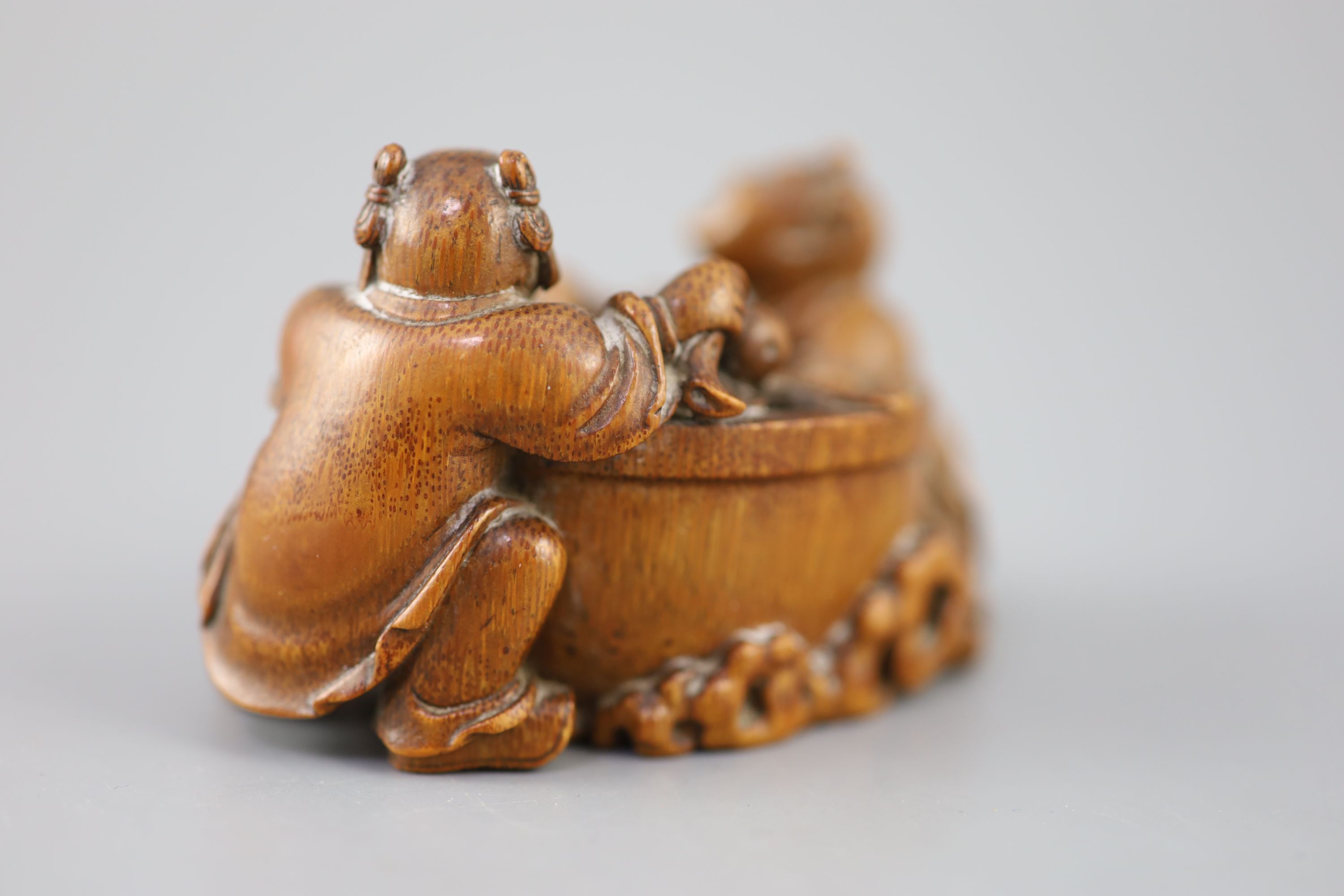 A fine and rare Chinese bamboo-root boys and fish bowl brush washer, 18th/19th century,